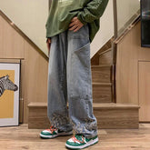 Men's Flame Embroidery Baggy Jeans – Wide-Leg Loose Denim Streetwear Pants